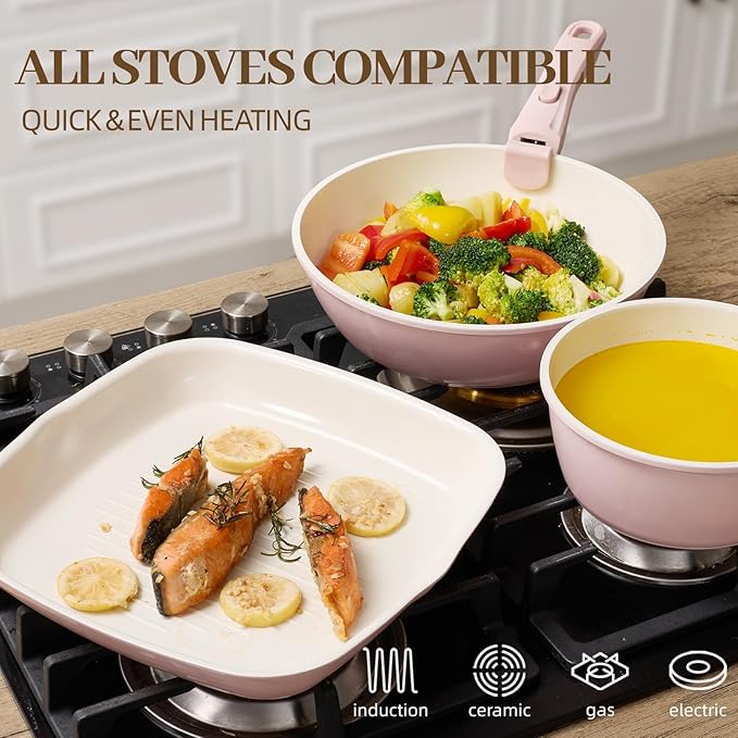 23Pcs Ceramic Cookware Set Non Stick Pots and Pans Set Non Toxic with Detachable Handle Induction Kitchen Cookware Set Space Saving, Oven & Dishwasher Safe, Light Pink