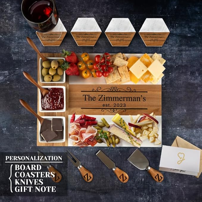 Personalized Charcuterie Board Set, Custom Engraved Marble Cheese Board with Knife Set, Wedding Engagement Gift for Couples, engagement gifts for couples Bridal Shower & Housewarming Gift