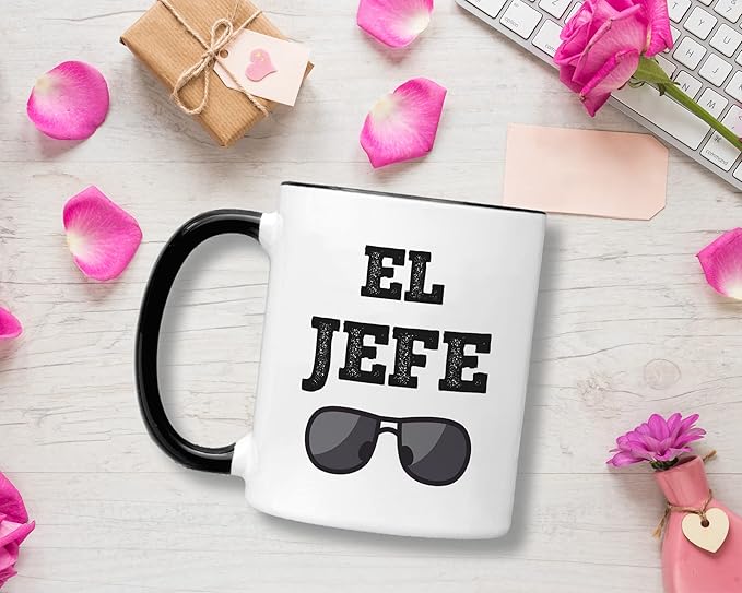 Casitika Mug Idea for Boss. El Jefe 11 oz Coffee Mug. Funny Saying in Spanish for The Bosses. Regalo para Tu Jefe. (Black Handle/Rim)