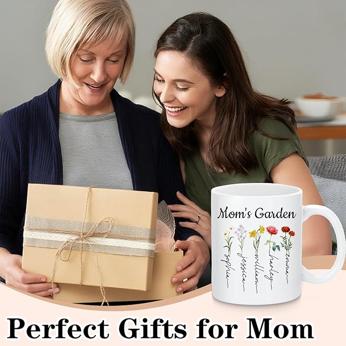Custom Christmas Coffee Mug Gifts for Mom,11oz Personalized Ceramic Mama Cup with Photo Text & Birth Flower, Customized Birthday Gift for New Moms (Mom-Flowers & Names)
