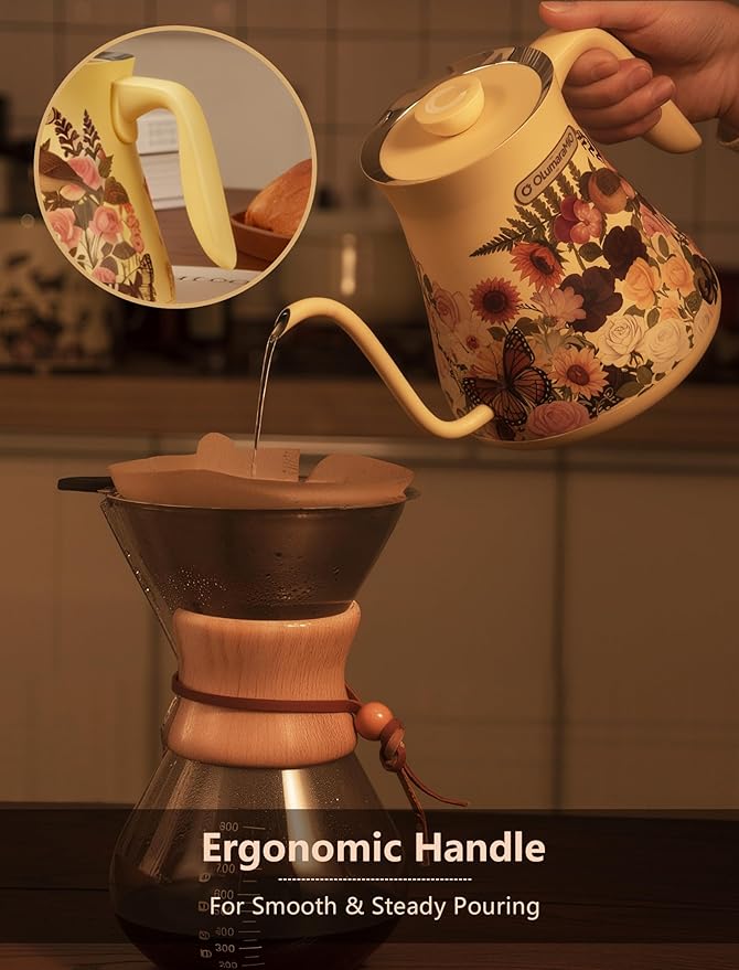 0.8L/27oz Gooseneck Electric Kettle - ±1℉ Precise Temperature Control for Pour Over Coffee & Tea, 1200W Fast Heating, Auto Shut-Off, Built-in Brew Timer, BPA-Free Stainless Steel, Floral
