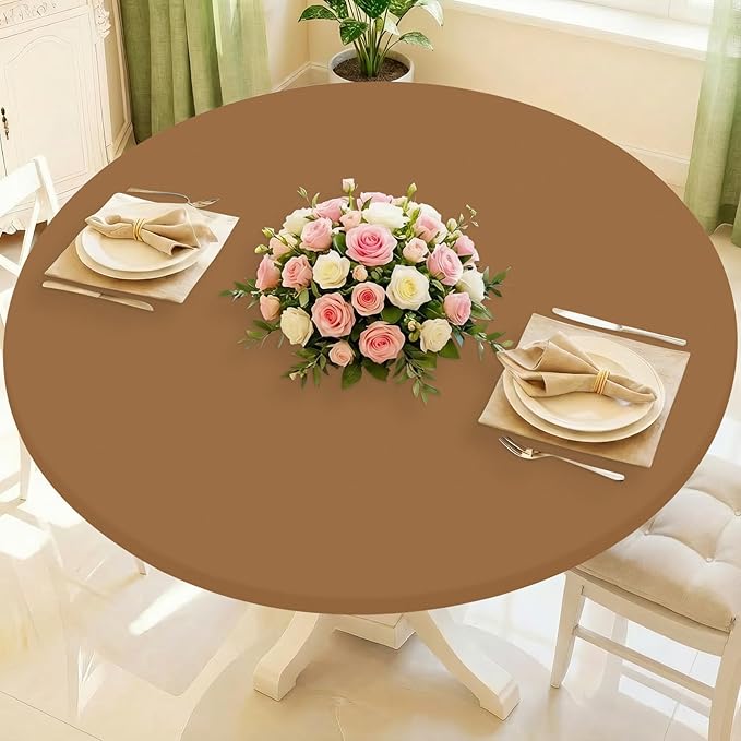 Round Spandex Tablecloth, Elastic Fitted Waterproof Tablecloths for 45"-56" Tables, Stretch Washable Picnic Table Cover for Camping, Dining, Indoor and Outdoor,Brown