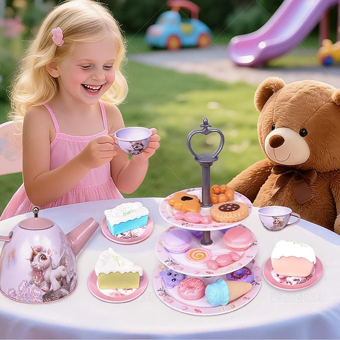 Unicorn Tea Party Set for Girls, Pretend Play Toy with Pink Tin Teapot, 4 Cups & Plates, Portable Carrying Case, Educational Gift for Toddlers Ages 3 4 5 6 7 (Swn)