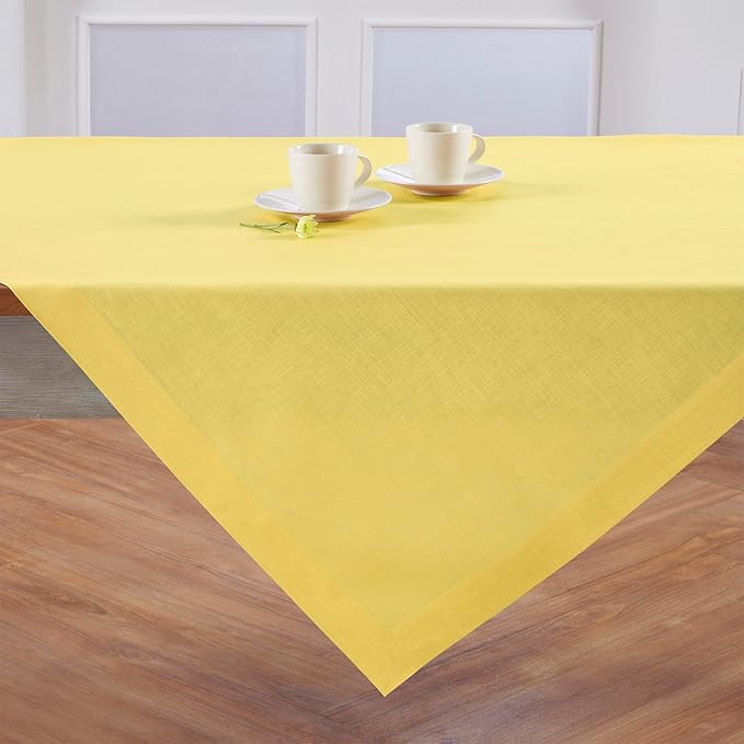 Solino Home Linen Square Tablecloth 52 x 52 Inch - 100% Pure Linen Sunshine Yellow Table Throw - Fete, Machine Washable Table Cloth for Spring, Easter