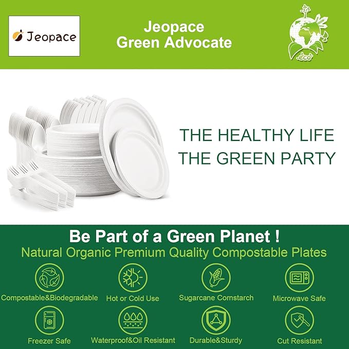 Jeopace Eco Paper Plates Set, 250PCS - 9 & 7 Inch Sugarcane Bagasse Biodegradable Plates, Cornstarch Cutlery for 50 People (White)