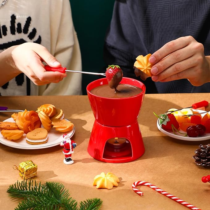 Mudder 6 Pieces Fondue Mug Ceramic Pot and 24 Pieces Forks Set for Melting Chocolate, Cheese, Broth or Tapas on Valentine's Day Gift(Red and White)