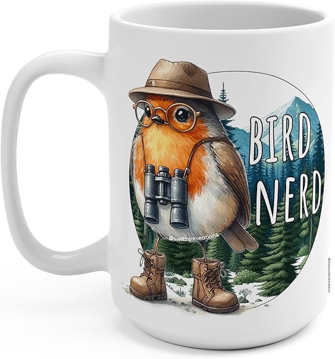 Bird Nerd Coffee Mug, Birding Beverage Cup, Funny Bird Watcher Gifts, Sarcasm, Robin Wearing Binoculars, Any Occasion Gift, Coffee Drinker - Novelty (15Oz All White)