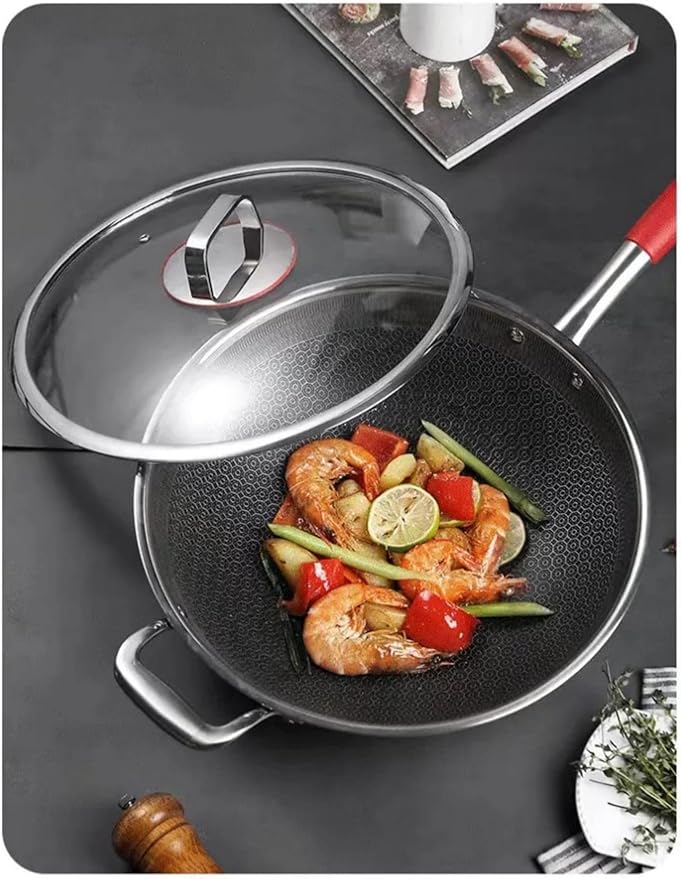 Honeycomb Wok 12 inch Pan with Lid, nonstick stir fry with silicone handles, Hybrid stainless steel cooking frying pan, dishwasher safe.