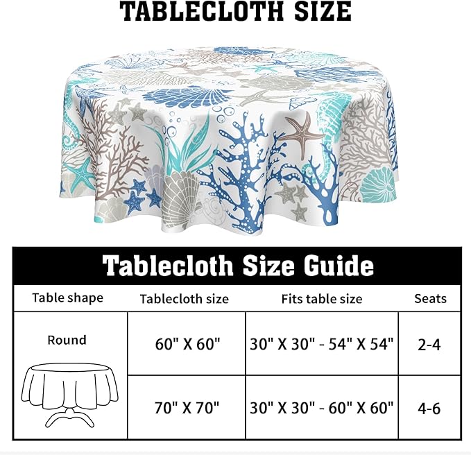 Nautical Coastal Round Tablecloth 70 Inch Summer Ocean Seashell Starfish Coral Sea Horse Table Cloth Rustic Farmhouse Beach Theme Table Cover for Kitchen Dinner Party Decor
