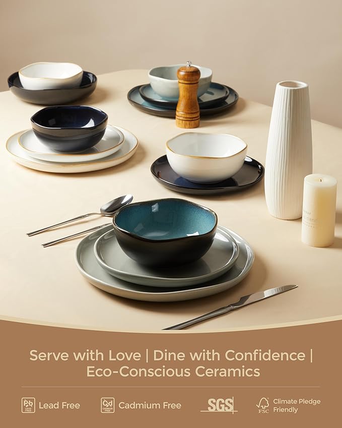 Extra Large Dinnerware Set for 12, 36 Pieces Ceramic Plates and Bowls Set, Kitchen Dish Set, Microwave & Dishwasher Safe Dishware, Ocean-Inspired Stoneware for Big Gatherings, White