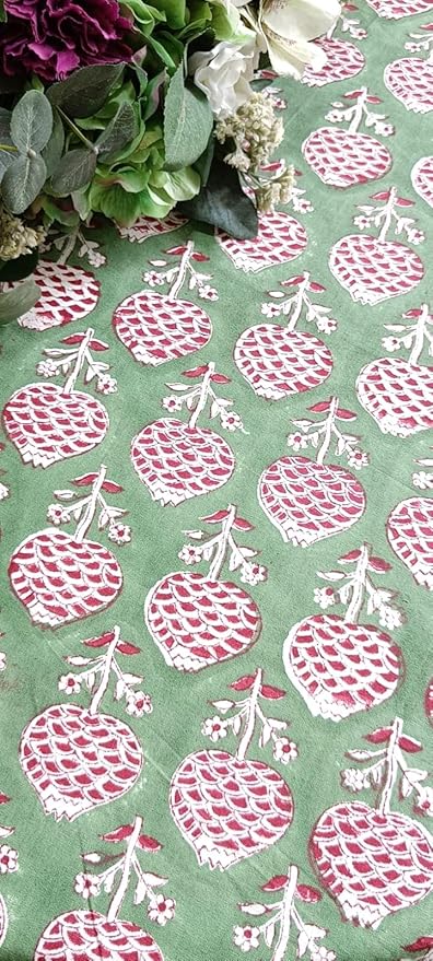 ATOSII Roma Green 100% Cotton Round Tablecloth, Handblock Print Floral Table Cloth for Kitchen Dining Linen I Parties, Weddings, Outdoors, Spring Summer Decor I 60" Inches Round