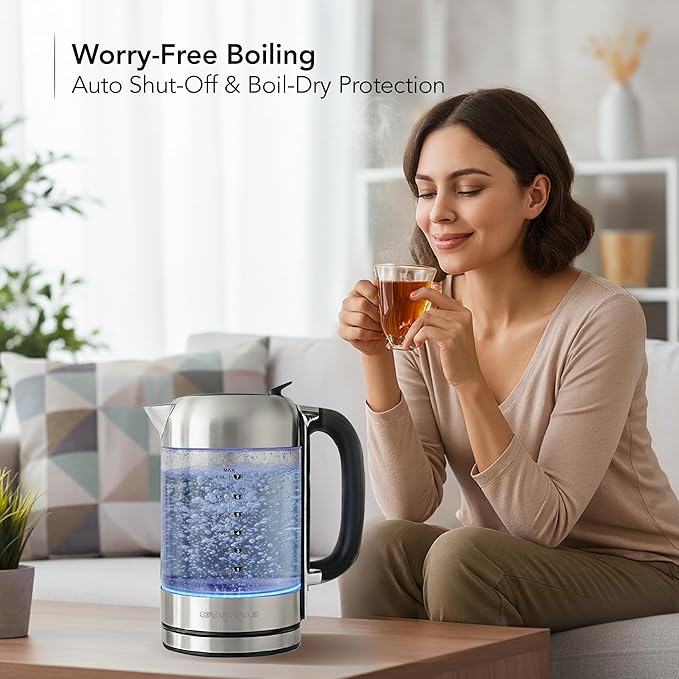 OVENTE Electric Kettle, 1500W No Plastic 1.8L Tea Kettle and Hot Water Boiler For Coffee or Tea, Easy to Fill Lid, Automatic Shut-Off, Borosilicate Glass with Stainless Steel Spout, Silver KG71S