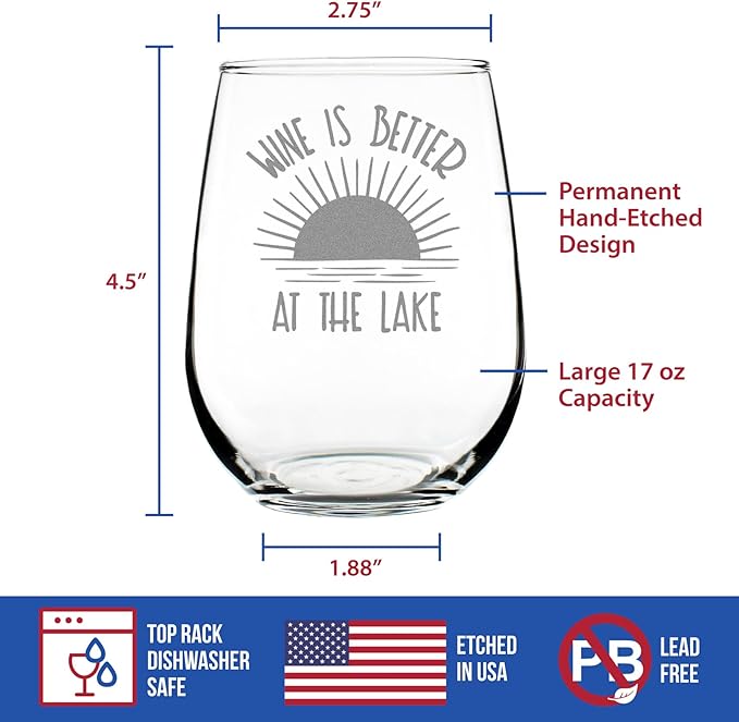 Custom Wine is Better at the Lake - Personalized Stemless Wine Glass Gifts for Men & Women - Funny, Cute, Unique Lake House Décor - Large 17 Oz - Customized Wine Glass Gift