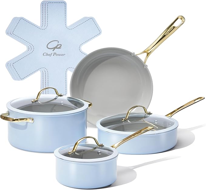 Chef Power Ceramic Cookware Sets, 10Pcs Pots and Pans Set Non Stick, Cookware Set with Stainless Steel Handle, Dishwasher & Oven Safe, Light Blue and Granite Grey