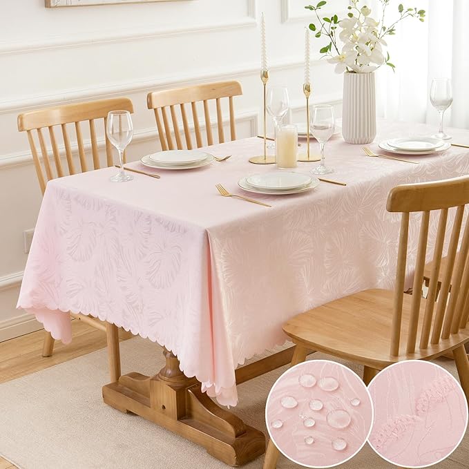 Rectangle Tablecloth Jacquard Pink Table Cloths Waterproof Washable Leaves Soft Woven Fabric Farmhouse Table Cover for Kitchen Dining Outdoor Birthday Party Banquet Decor (60x102In)