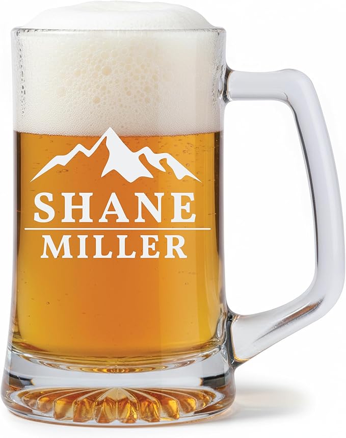 Personalized Beer Mug with Handle, Custom Engraved 14 or 25 oz Beer Glass, Laser Etched Beer Stein, Groomsmen Gift, Husband or Dad Gift