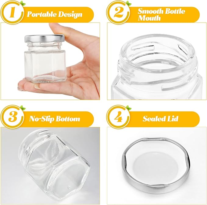 Nuogo 100 Pack 1.5oz Mini Hexagon Glass Jars Bulk for Wedding Small Honey Jars with Lids for Spice Canning Mason Gifts Candy Honey Wedding Party Favors DIY Crafts(Silver)
