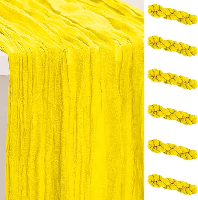 6 Pack Yellow Cheesecloth Table Runner 35x120 Inch 10Ft Rustic Gauze Cheese Cloth Table Runner Sheer Cheesecloth Table Runners for Wedding Party Bridal Shower Decoration