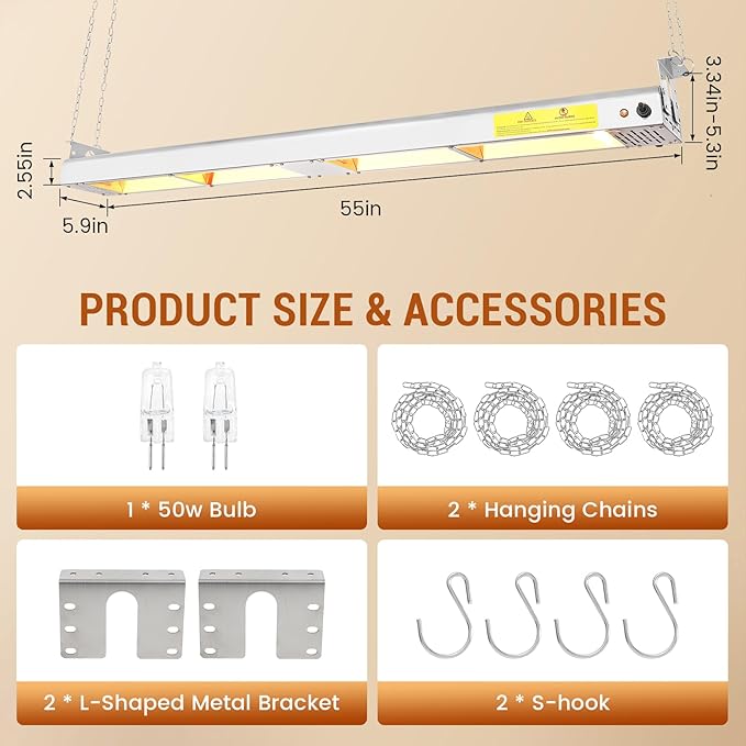 55-Inch Food Heat Lamp - 1400W Commercial Food Warmer Lamp Overhead Stainless Steel Catering Heat Lamps Electric Strip Heater for Restaurant Buffet Parties Kitchen, Silver 115V