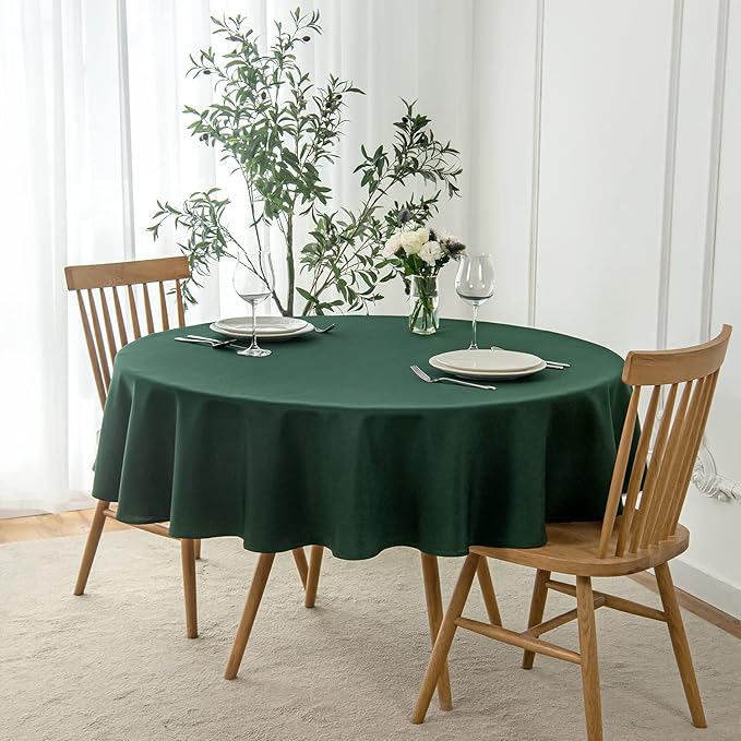 maxmill Round Linen Looking Textured Tablecloth Spill-Proof Wrinkle Free Soft Christmas Table Cloth for Circular Table Cover, for Dining Room Banquet Parties Holiday Dinner, 70 Inch Hunter Green