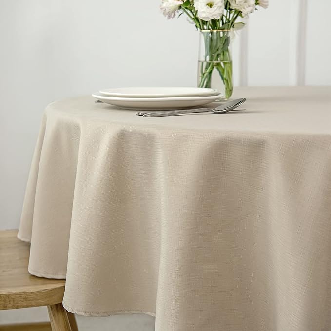 maxmill Round Linen Looking Textured Tablecloth Spill-Proof Wrinkle Free Soft Jacquard Table Cloth for Circular Table Cover, for Dining Room Buffet Banquet Parties Holiday Dinner, 70 Inch Natural