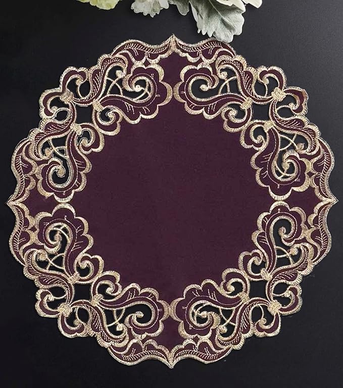 Decozen Set of 12 Doilies for Table, Lace Doilies - Rustic, Crochet, Farmhouse, Kitchen, Dining Table Centerpiece Decor - Round Christmas Placemats for Home 15 inch Gold Plum, The Granada Collection