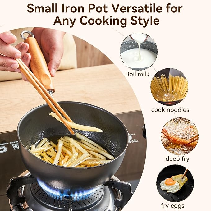 WANGYUANJI 7.1 Inch Hammered Iron Saucepan with Glass Lid, Removable Beechwood Handle, Small Milk Pot for Boiling, Simmering, Heating – Non-Coated, Stovetop Compatible