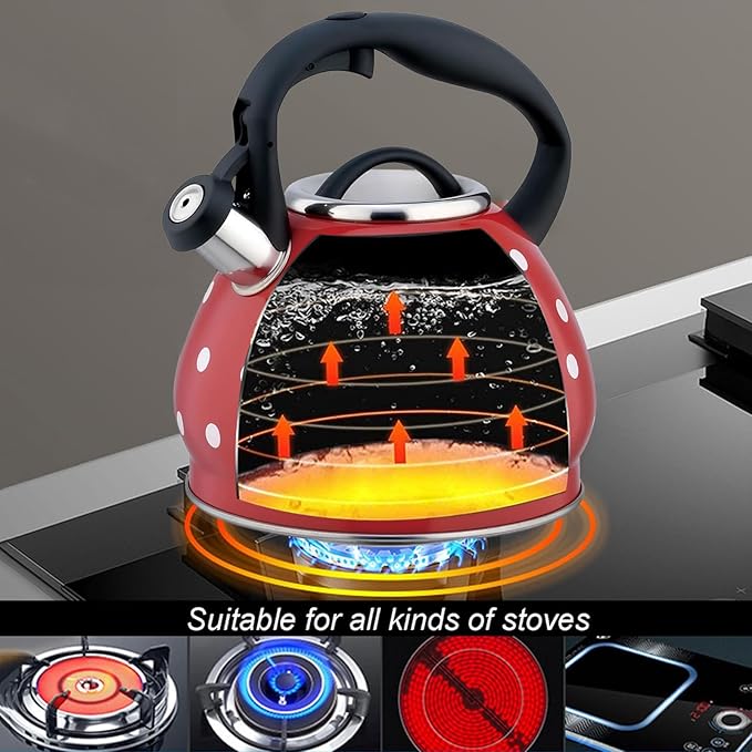 Tea Kettle Stovetop, Whistling Teapot 304 Stainless Steel 3.2 Quart Teakettle, Polka Dot Teapots for Stove Top, Whistle Tea Pot with Cool Touch Ergonomic Handle (Red, 3.2 Quarts)
