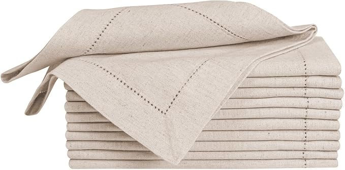 Homidate Linen Flax Cotton Cloth Dinner Napkins Set of 12 – 18x18 Natural Fabric with Hemstitched Mitered Corners – Machine Washable Wedding, Cocktail & Party Table Napkins