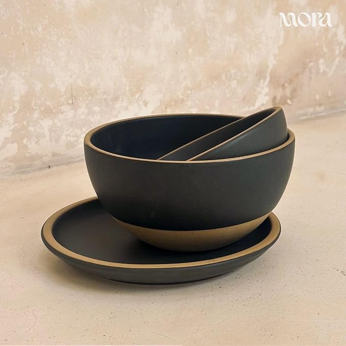MORA Medium Plates Set of 4, 8.5 inch Ceramic Pottery Salad Plates - Microwave, Oven and Dishwasher Safe - Liquorice