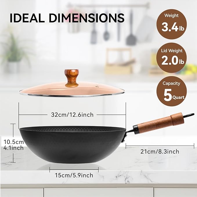 WANGYUANJI 12.6" Iron Wok with Lid, Flat Bottom Nonstick Wok Pan with Detachable Wooden Handle, Chinese Stir Fry Pan for Induction, Gas and Electric Stoves