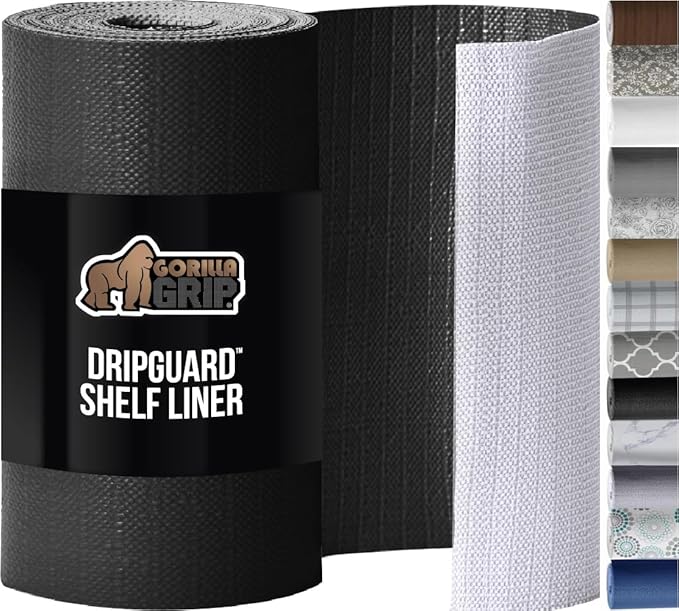 GORILLA GRIP DripGuard Shelf Liner, Non Adhesive Drawer and Kitchen Cabinet Protector, Slip Resistant BPA Free Smooth Surface Plastic Liners for Cabinets, Bathrooms, Closets, 17.5x120 Inch, Black