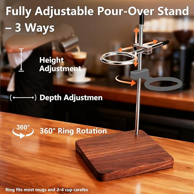 Pour Over Coffee Stand with American Black Walnut Base, Adjustable Coffee Dripper Stand, Wooden Brewing Station, Cone Holder, Elegant Gift for Brew Enthusiasts, Home Barista & Kitchen Décor