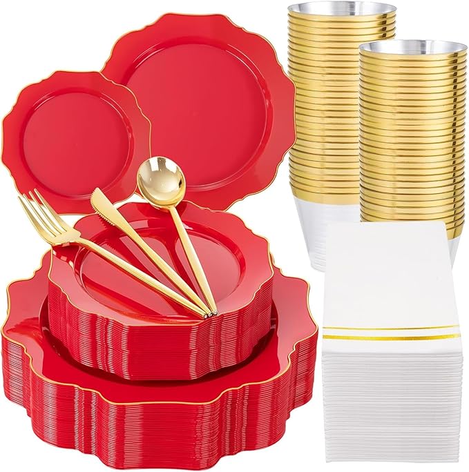 WDF 175Pcs Red Plates - Red Plastic Plates with Gold Rim - Fancy Disposable Dinnerware Sets Ideal for Party/Wedding/Valentine's Day