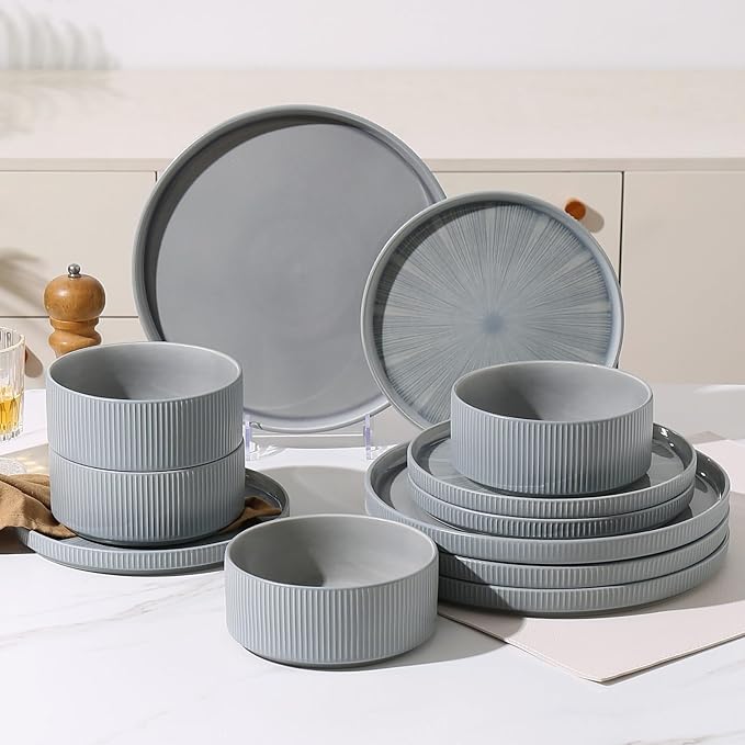 Dinnerware Sets for 4, Ceramic Plates and Bowls Set 12 Piece Dinnerware Chip Resistant Stoneware, Dishwasher and Microwave Safe-Blue
