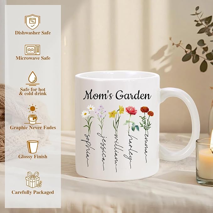 Custom Christmas Coffee Mug Gifts for Mom,11oz Personalized Ceramic Mama Cup with Photo Text & Birth Flower, Customized Birthday Gift for New Moms (Mom-Flowers & Names)