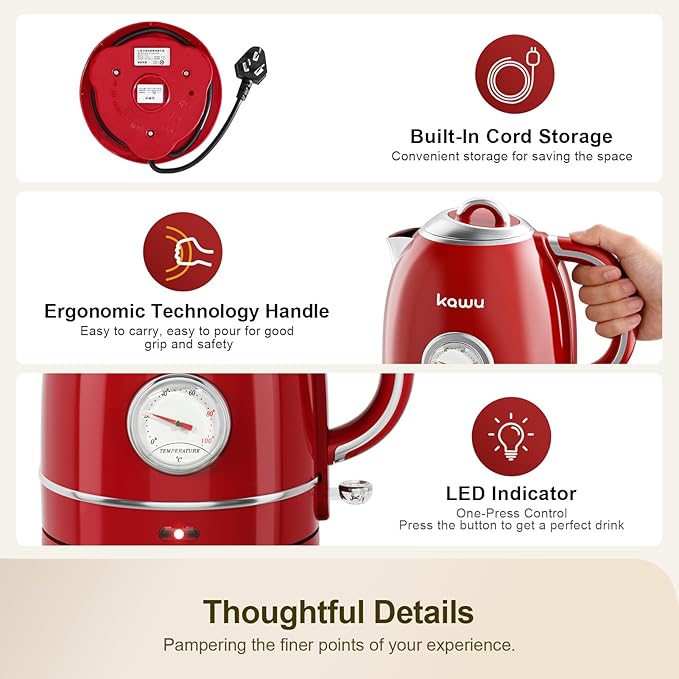 Kawu Electric Kettle, 1.3L/1.4QT Retro Hot Water Tea Kettle & Coffee Pot with Automatic Shut Off, 1000W Electric Tea Kettle with Stainless Steel Inner, Water Boiler for Home & Kitchen, Keep Warm