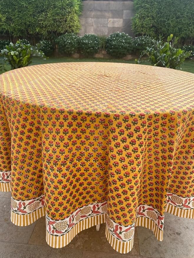Ridhi Block Print Round Mustard Yellow Reusable Tablecloth 100% Cotton 110" Inch Decorative Table Cover eveyday Dining, Home, Party, Wedding, Farmhouse Gift for Spring, Easter, Valentine