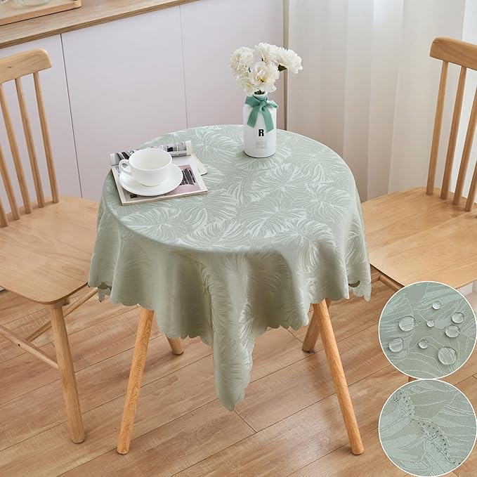 Square Tablecloth Green 36x36 Inch Leaves Pattern Scalloped Edge Waterproof Jacquard Nightstand End Table Cover for Coffee Teapoy Table Room Decor