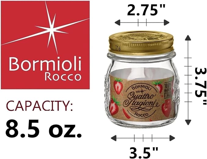 Bormioli Rocco Quattro Stagioni Small Glass Mason Jars 8.5 Ounce Mini Jars 12-Pack, with Metal Airtight Lid, For Jam, Jelly, baby food, Crafts, Spices, Dry Food Storage, Wedding favors, Decorating Jar