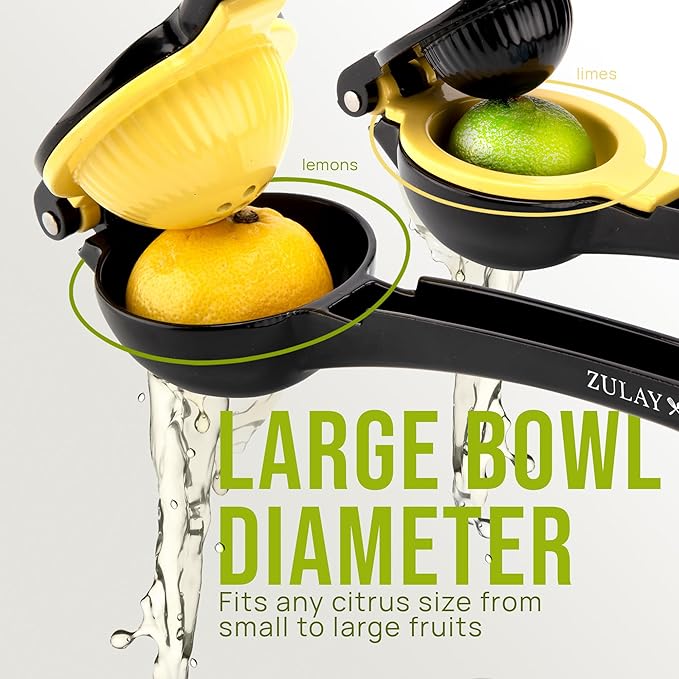 Zulay Kitchen Metal 2-in-1 Lemon Squeezer - Sturdy Max Extraction Hand Juicer Lemon Squeezer Gets Every Last Drop - Easy to Clean Manual Citrus Juicer - Easy-Use Lemon Juicer Squeezer - Black/Yellow