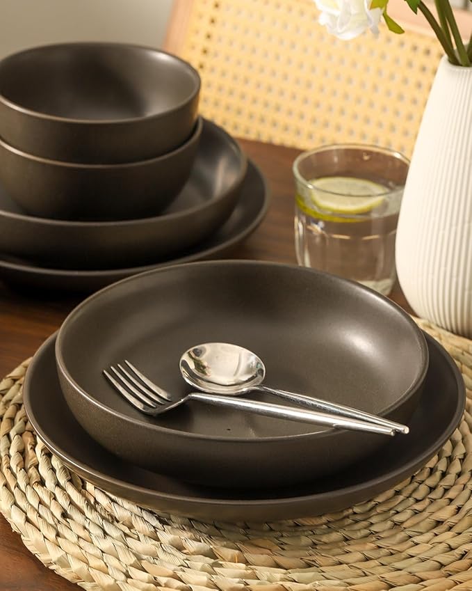 Dinnerware Sets, Stoneware Plates and Bowls Sets, Farmhouse 12 Piece Dish Set for 4, Ceramic Plates Set for Kitchen, Scratch Resistant, Dishwasher & Microwave Safe, Pure Black