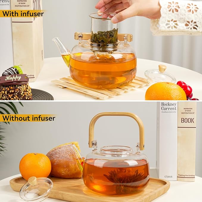 49OZ/1450ML Glass Teapot with Removable Infuser & Lid, Stovetop & Microwave Safe Clear Borosilicate Glass Tea Maker Water Kettle for Loose Leaf Blooming Tea
