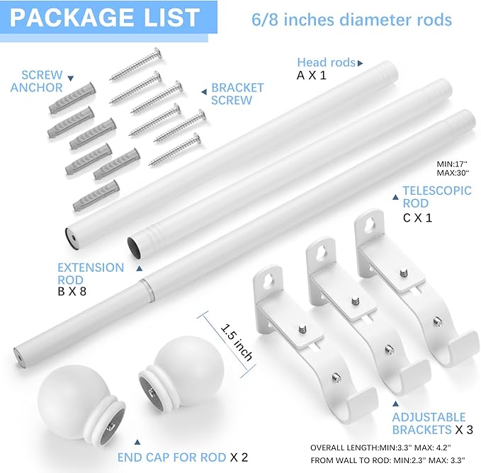 Curtain Rods for Windows 16 to 150 Inches, Curtain Rod Max Adjustable Length of 160 IN, 6/8" Diameter Drapery Rods Round Finials, White, Pack of 1