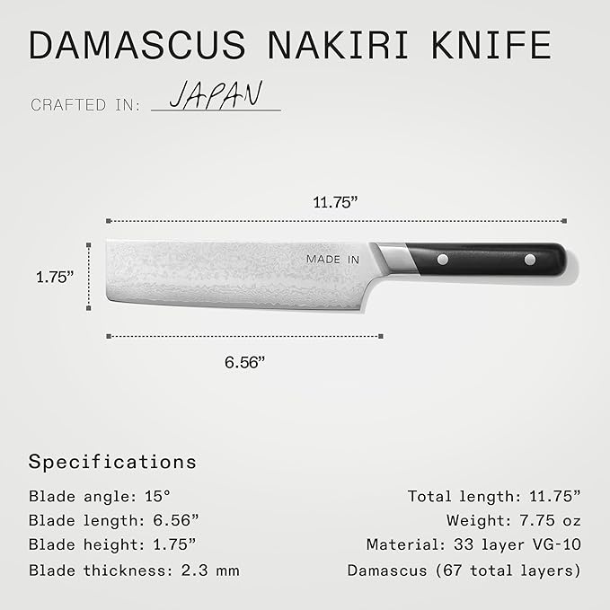 Made In Cookware - 3-piece Japanese Damascus Steel Knife Set (Includes Gyuto, Nakiri and Santoku) - 66 Layers of Damascus Steel with a VG-10 Core - Crafted in Japan - Full Tang With Black POM Handle
