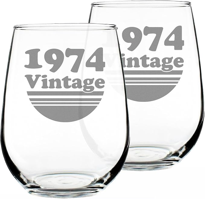 Bevvee Vintage 1974 Stemless Wine Glass - 52nd Birthday Gifts for Women & Men Turning 52 - Bday Party Decor - Set of 2 - Large 17 oz