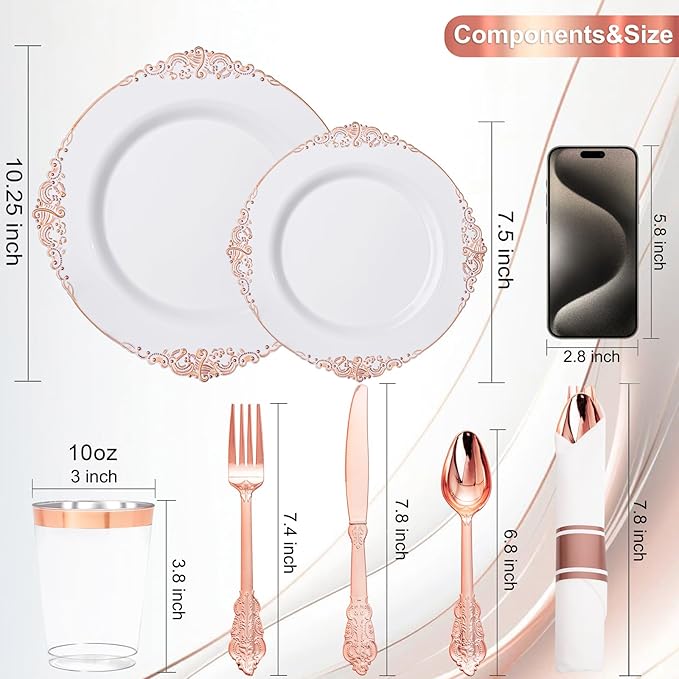 Nervure 700PCS Rose Gold Plastic Plates - Rose Gold Plastic Dinnerware Sets for 100 Guests - 200 White Disposable Plates, 300 Silverware, 100 Cups, 100 Napkins for Wedding & Party