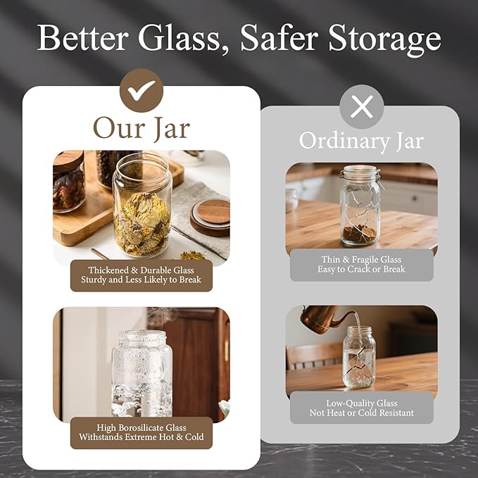 Glass Jars with Airtight Wood Lids - 17 oz Small Kitchen Pantry Storage Containers, Stackable Decorative Canisters for Chia Seed, Tea, Ground Coffee, Sugar, Spice, Salt, Matcha, Nuts, Q-Tip, Set of 2