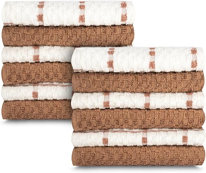 GOLD TEXTILES Kitchen Towels 12 Pack Premium 100% Cotton Dish Towels for Kitchen (15 x 25 Inches) Super Soft & Absorbent Kitchen Hand Towels for Drying Dishes, Cleaning - Reusable and Washable (Brown)