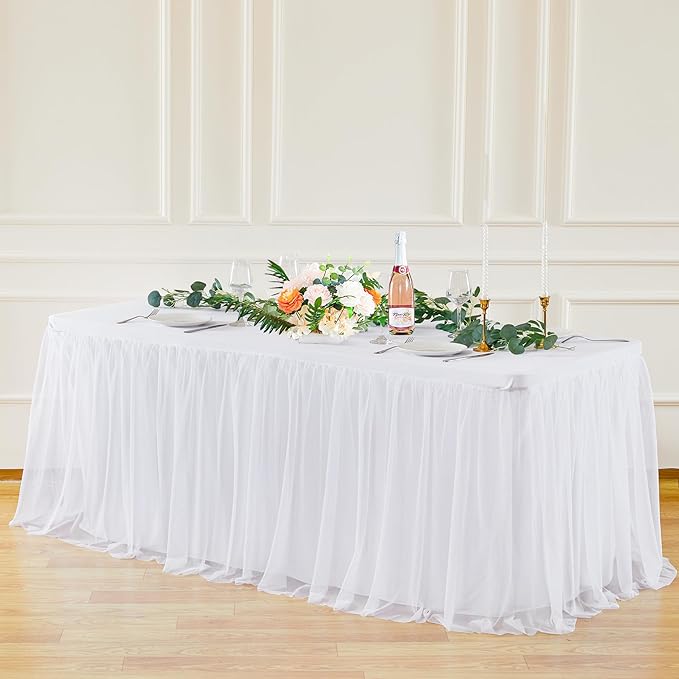 4 Pack White Tulle Tablecloths for 6 Foot Rectangular Tables, 72 x 30 Inch White Rectangle Table Cloth, Wrinkle Free Table Cover with Tutu Skirt for Wedding Birthday Party Banquet Buffet Decorations